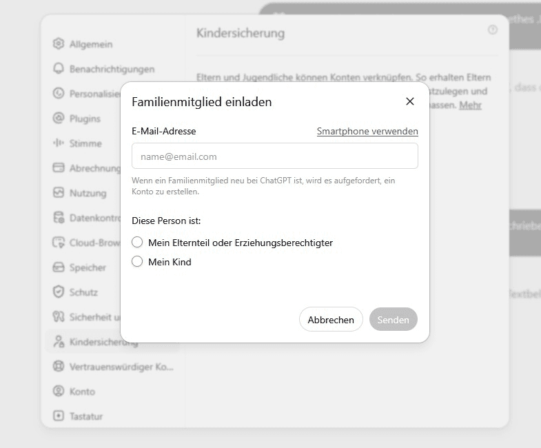 ChatGPT-Dialog zum Einladen eines Kindes als Familienmitglied