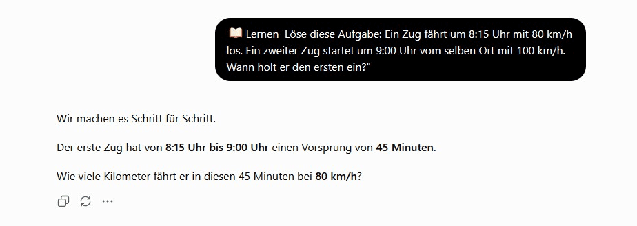 ChatGPT-Lernmodus zerlegt eine Zugaufgabe in eine erste Zwischenfrage