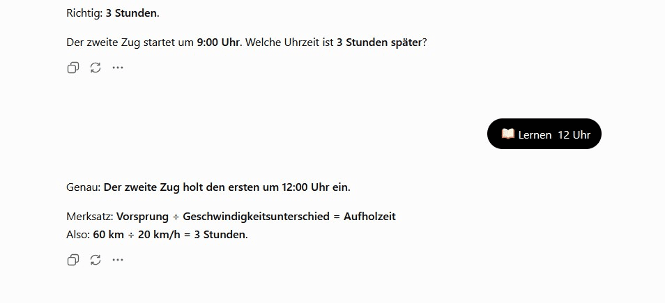 Selbst erarbeitete Lösung einer Zugaufgabe mit Merksatz im ChatGPT-Lernmodus