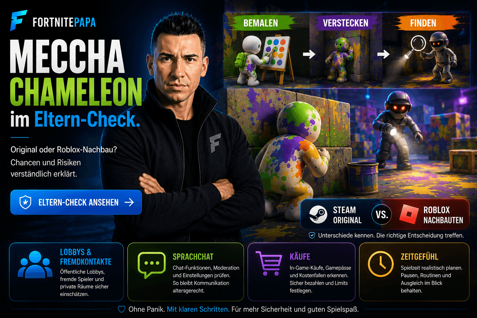 Fortnitepapa erklärt MECCHA CHAMELEON mit Bemalen, Verstecken und Finden sowie dem Unterschied zwischen Steam-Original und Roblox-Nachbauten.