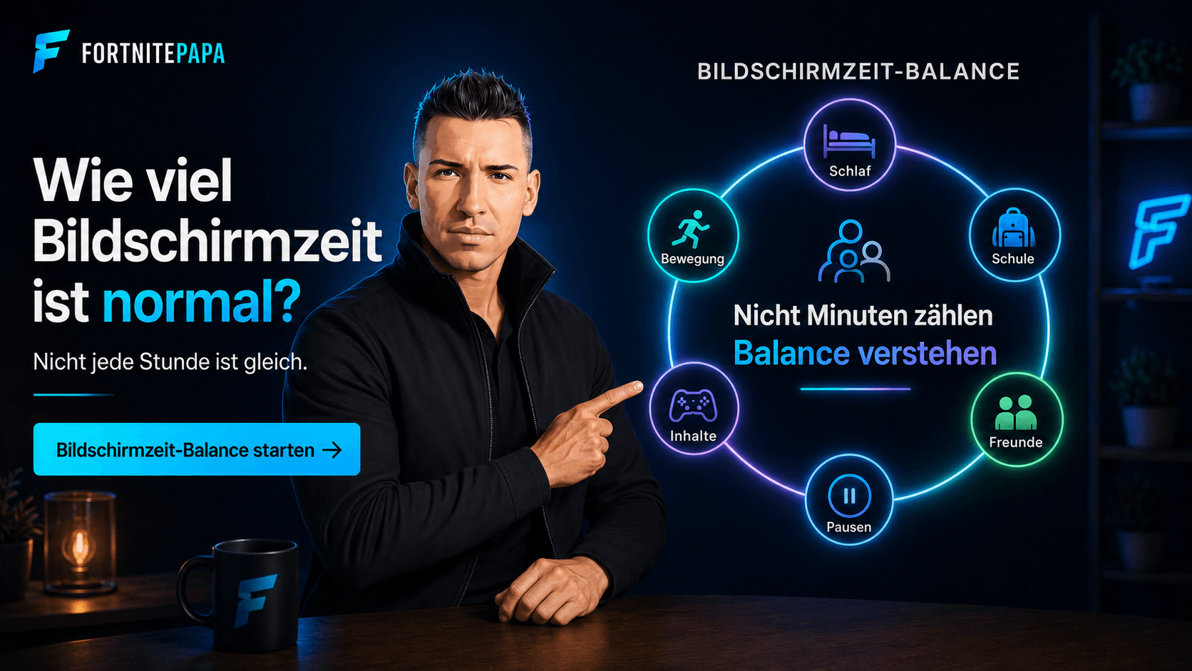 Fortnitepapa zeigt einen Bildschirmzeit-Balance-Kreis mit den Bereichen Schlaf, Schule, Freunde, Bewegung, Inhalte und Pausen.