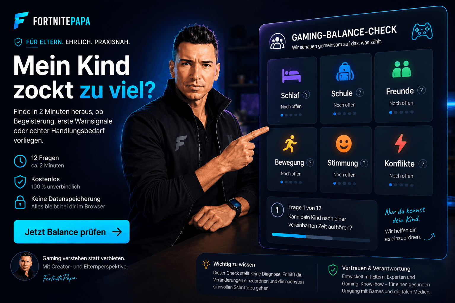 Fortnitepapa zeigt auf einen Gaming-Balance-Kreis mit den Bereichen Schlaf, Schule, Freunde, Bewegung, Stimmung und Gaming