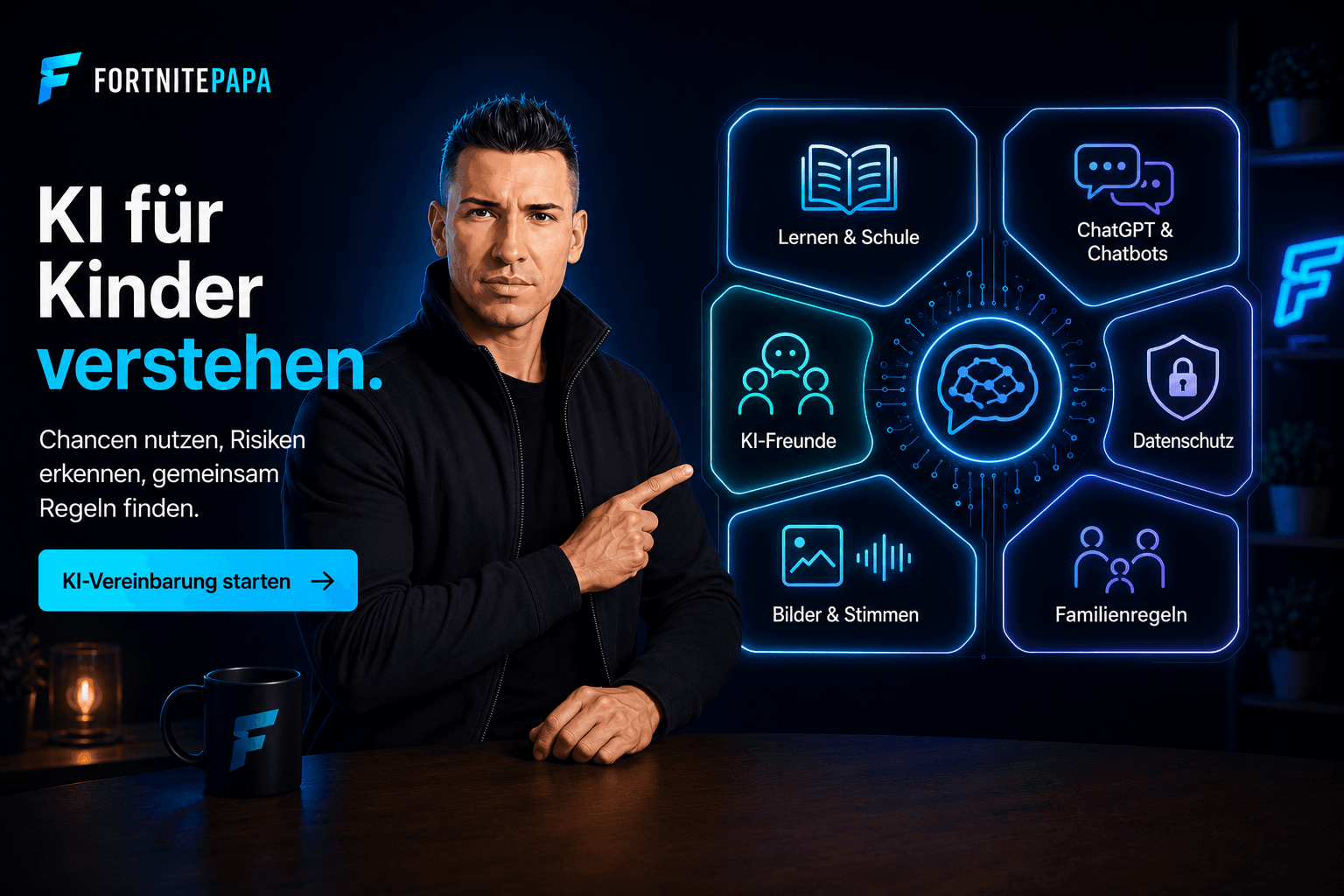 Fortnitepapa zeigt auf einen KI-Überblick mit Lernen, Chatbots, KI-Freunden, Datenschutz, Bildern und Familienregeln.