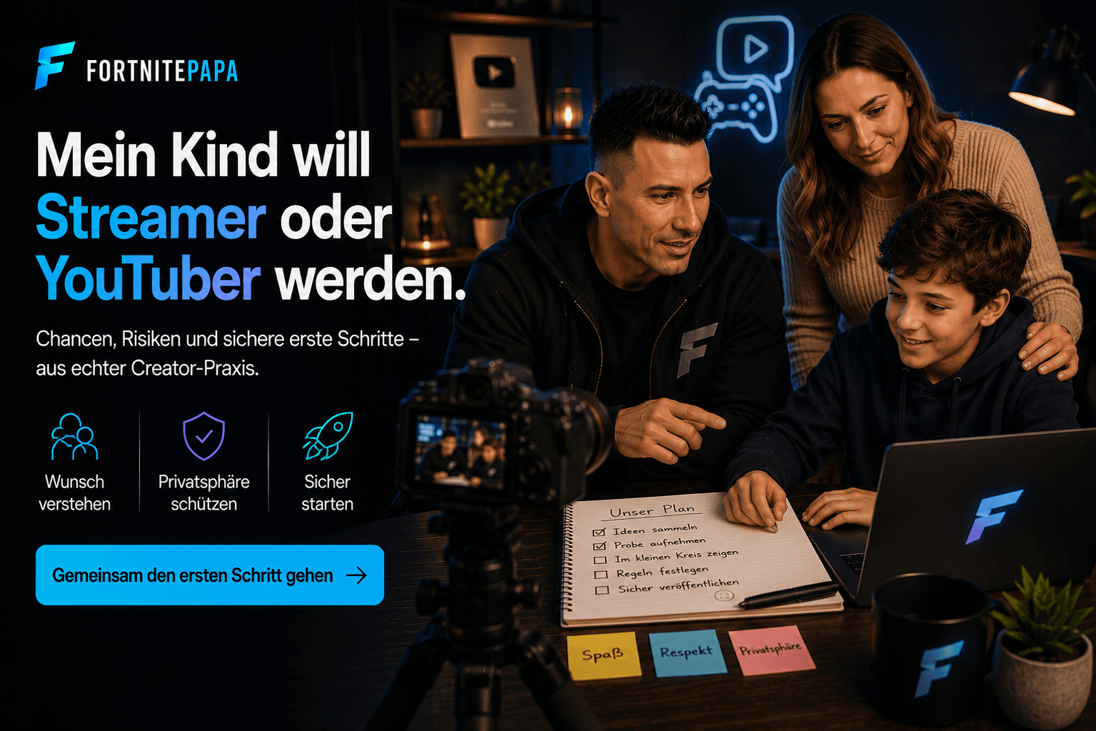 Fortnitepapa begleitet Eltern und Kind bei einer sicheren Probeaufnahme für den Einstieg als YouTuber oder Streamer.
