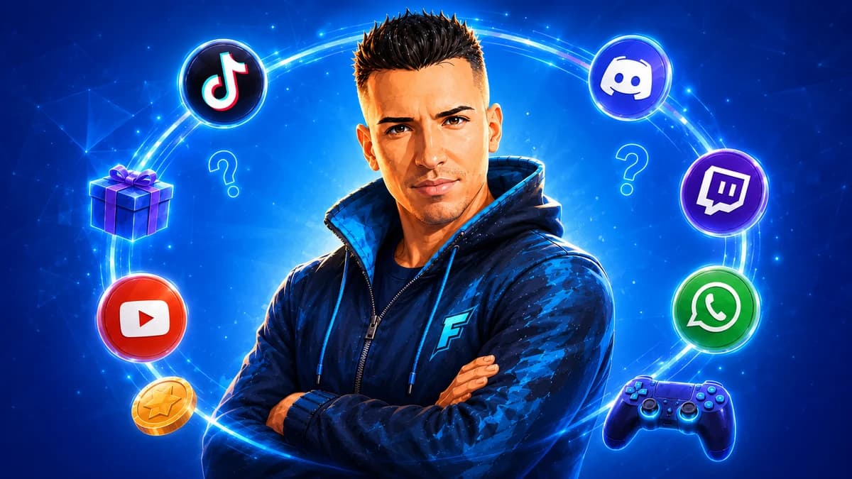 Fortnitepapa mit Symbolen von TikTok, Discord, Twitch, YouTube und WhatsApp als Übersicht für Eltern