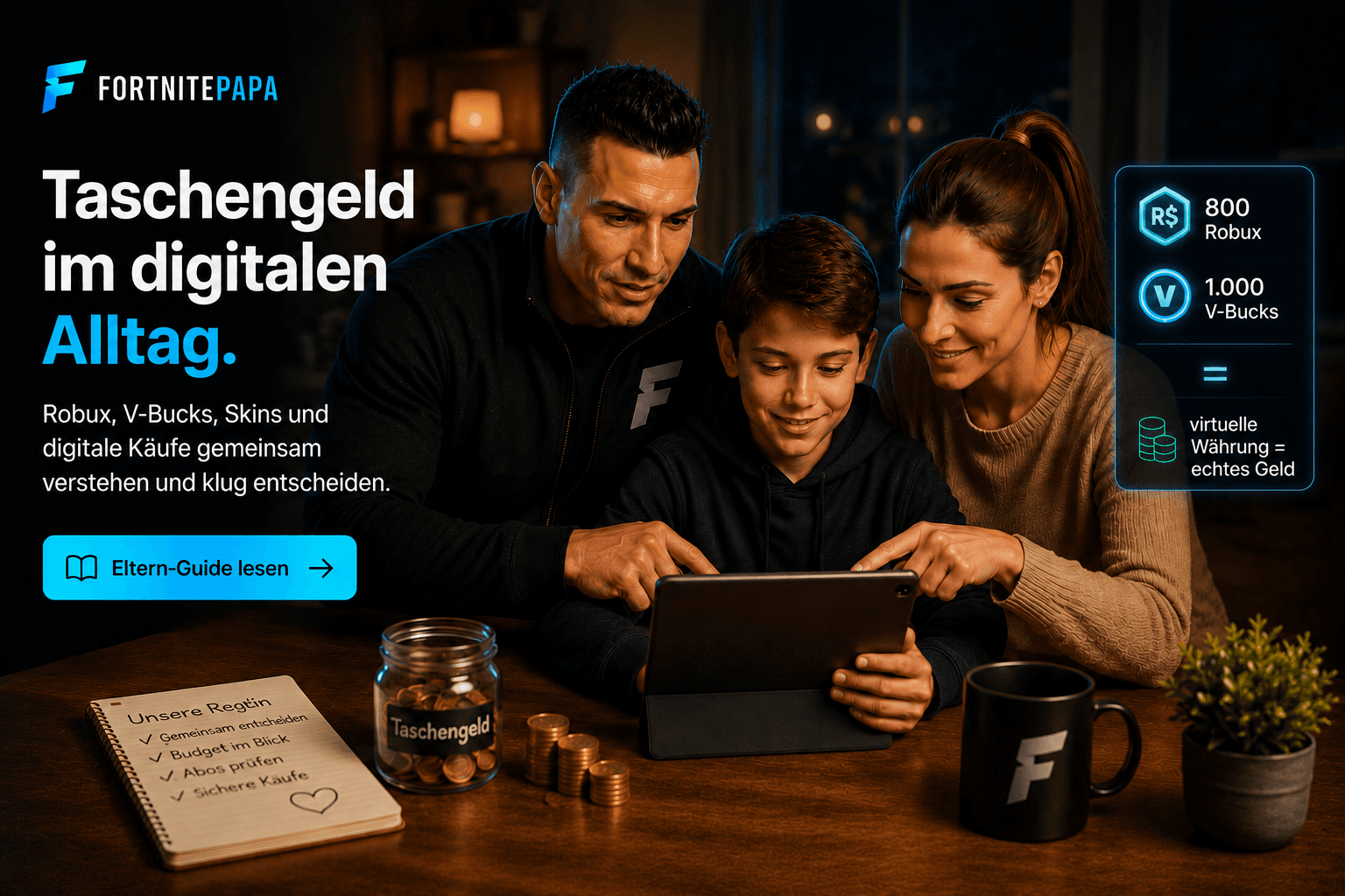 Fortnitepapa begleitet eine Familie dabei, digitale Käufe und Spielwährungen gemeinsam zu verstehen.