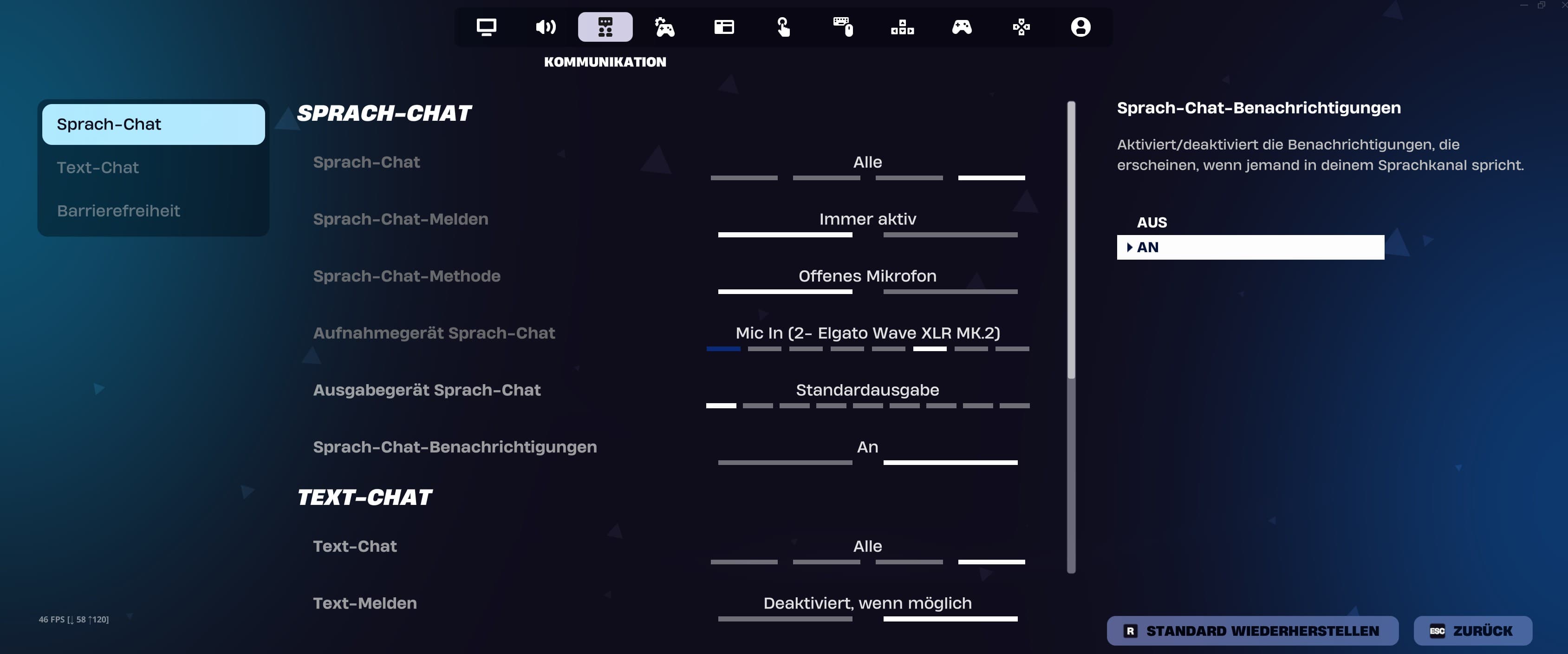 Fortnite-Kommunikationseinstellungen auf dem PC mit Sprach-Chat, Sprach-Chat-Melden, offenem Mikrofon und Benachrichtigungen.