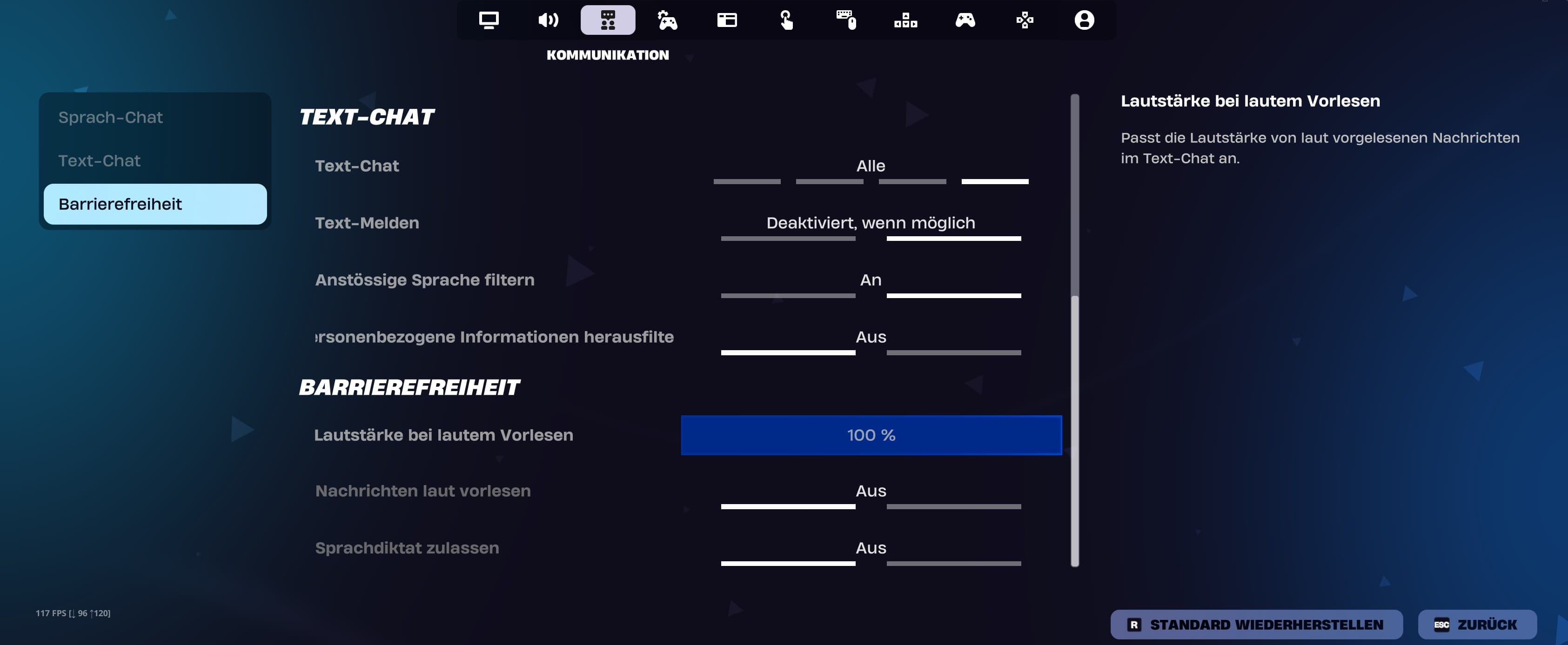 Fortnite-Kommunikationseinstellungen auf dem PC mit Text-Chat, Text-Melden und Filtern für anstößige Sprache und personenbezogene Informationen.