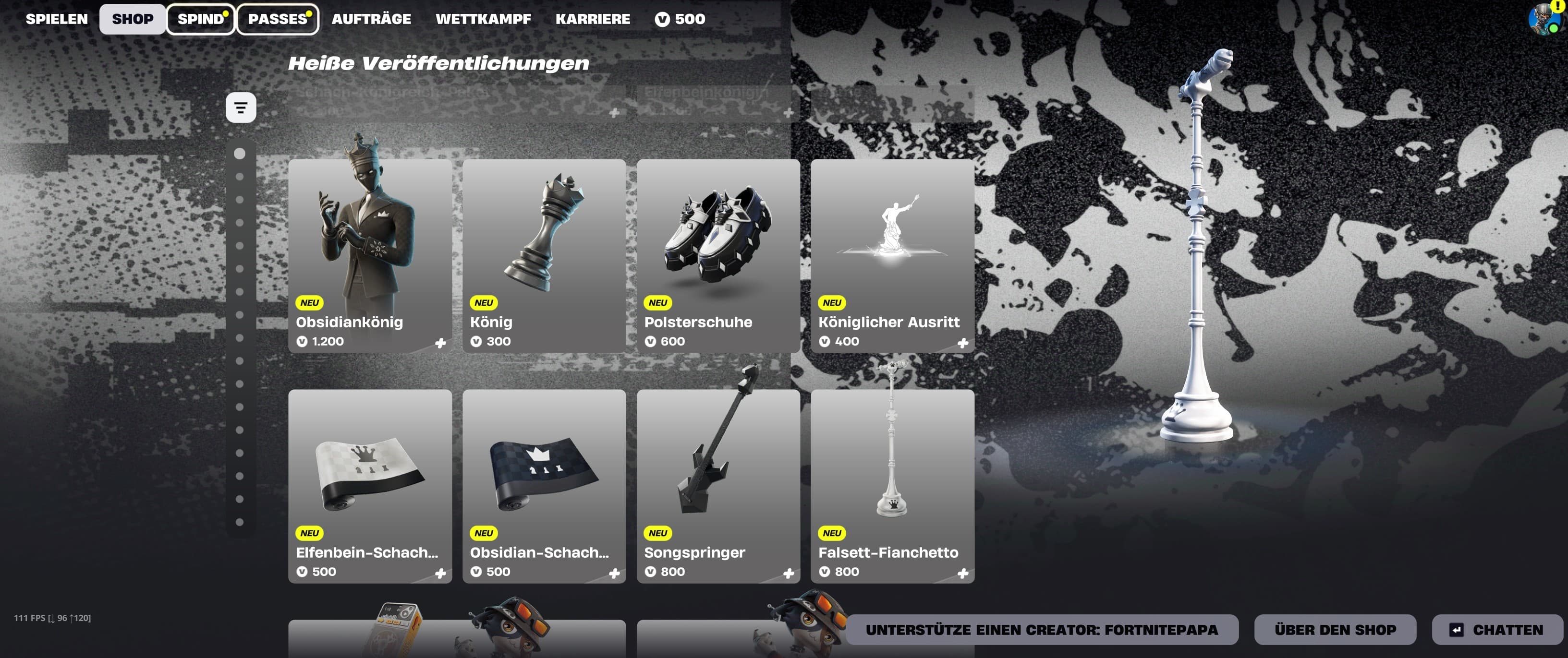 Fortnite-Shop auf dem PC mit kosmetischen Angeboten, V-Bucks-Preisen und sichtbarem V-Bucks-Guthaben.