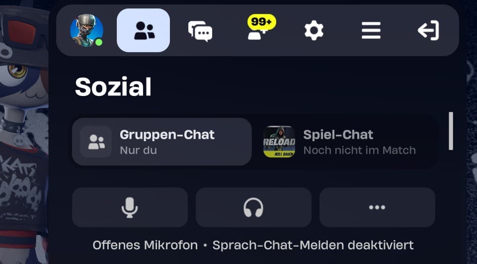 Fortnite-Sozialbereich auf dem PC mit Gruppen-Chat, Spiel-Chat, offenem Mikrofon und Sprach-Chat-Melden.