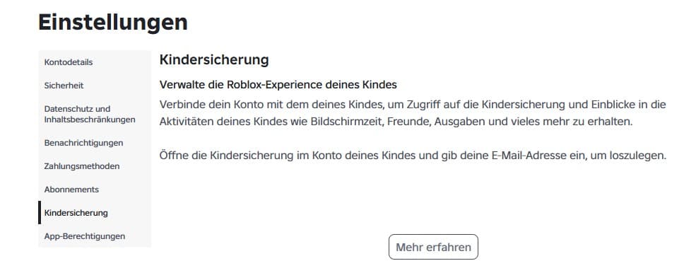 Hinweis zur Verknüpfung eines Roblox-Elternkontos