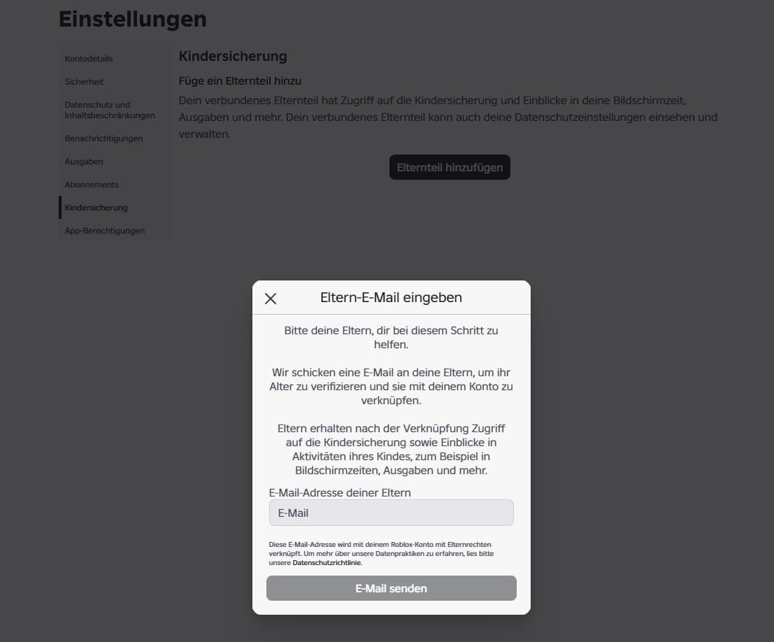 Eingabefeld für die E-Mail-Adresse des Roblox-Elternkontos