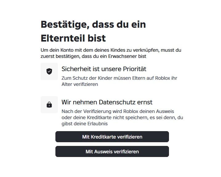 Roblox-Dialog zur Altersbestätigung für ein Elternkonto