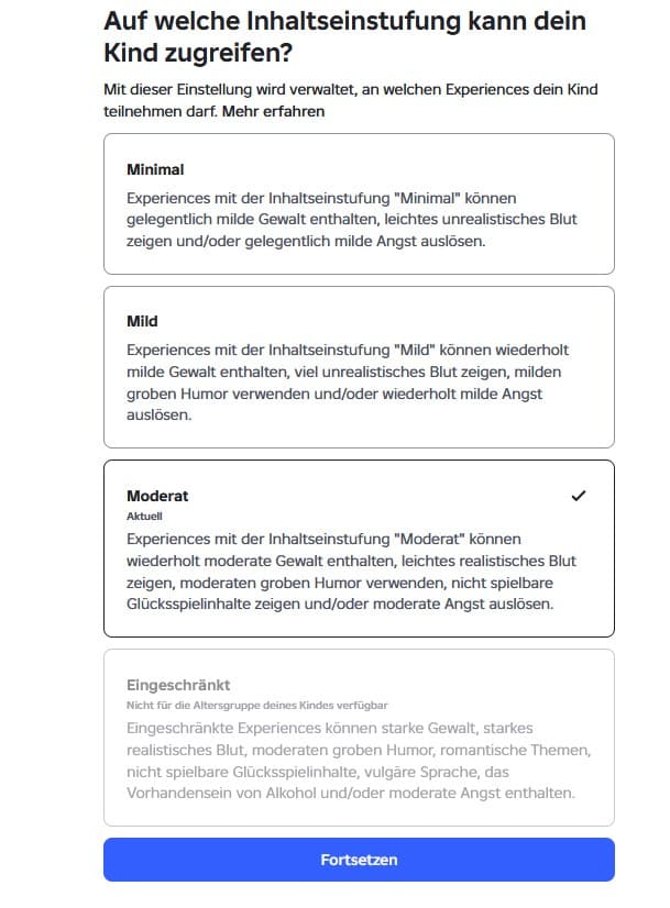 Auswahl der Inhaltseinstufung in der Roblox-Kindersicherung