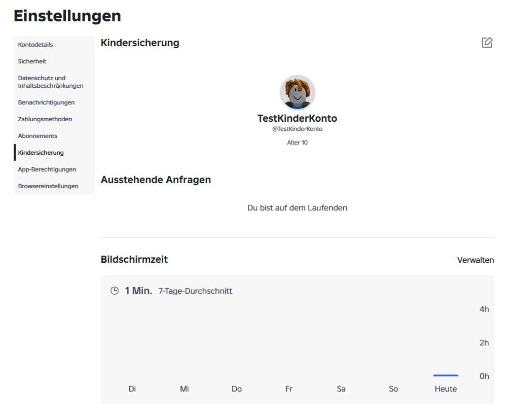 Roblox-Elternbereich mit verknüpftem Kinderkonto und Bildschirmzeit