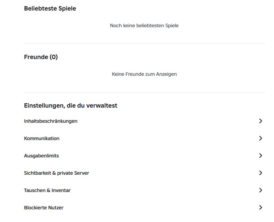 Übersicht der verwaltbaren Einstellungen im Roblox-Elternbereich