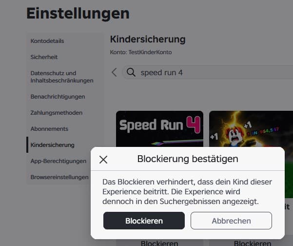 Roblox-Dialog zum Bestätigen einer Spielsperre