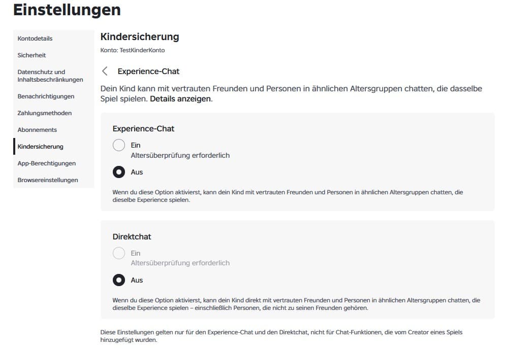 Einstellungen für Experience-Chat und Direktchat in Roblox