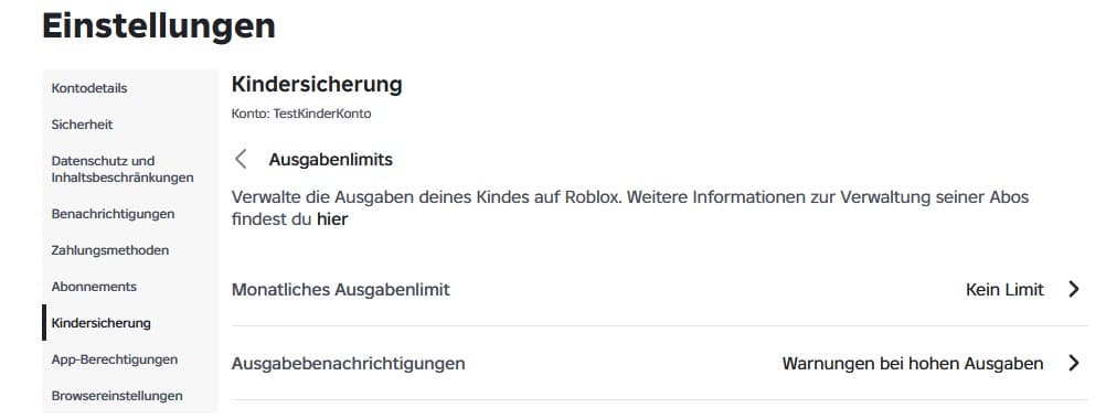 Roblox-Bereich für Ausgabenlimits