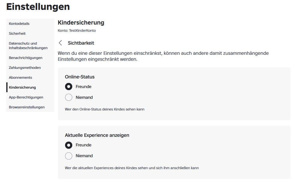 Roblox-Einstellungen zur Sichtbarkeit des Kinderkontos