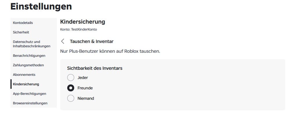 Roblox-Einstellung zur Sichtbarkeit des Inventars